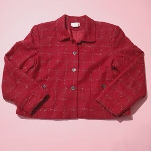 Vintage 1980s 80s Dark Burgandy Red Plaid Wool Blazer Shoulder Pads Christmas